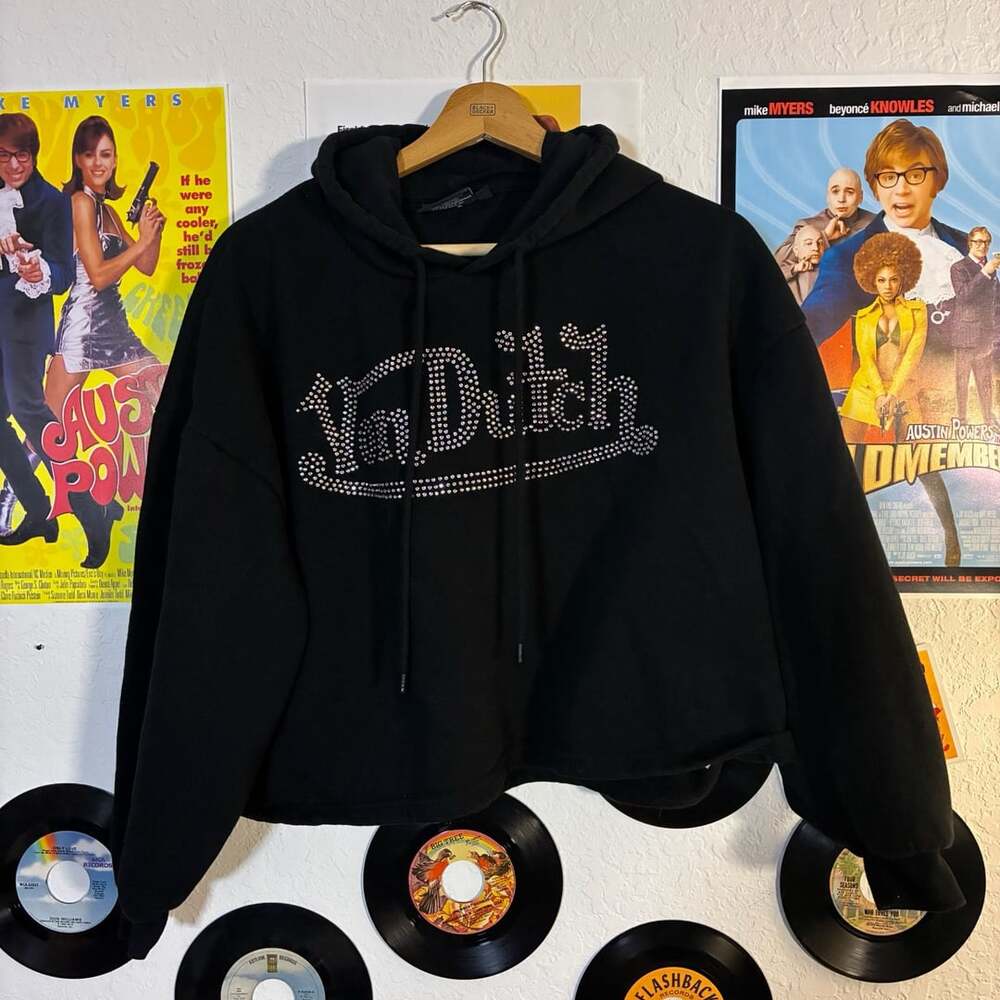 Von Dutch Rhinestone Cropped Hoodie Size M Black